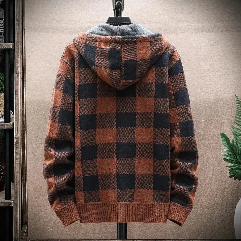 LUXELY plaid jacket made of cotton and wool with hood, casual style for men.