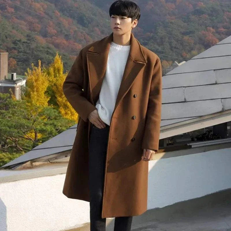 Woolen Korean long coat for men in autumn setting, warm and stylish for colder months.