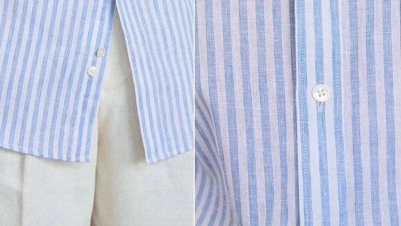 Striped long-sleeve shirt detailed view with buttons and fabric texture.