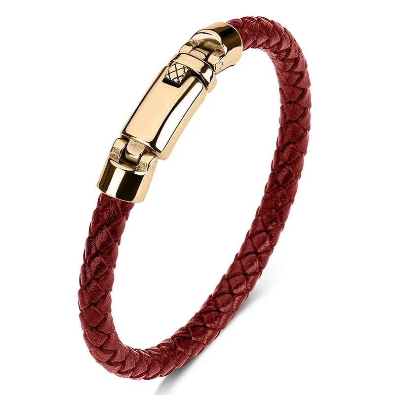 Classic minimalist bracelet with gold clasp and braided red PU band.