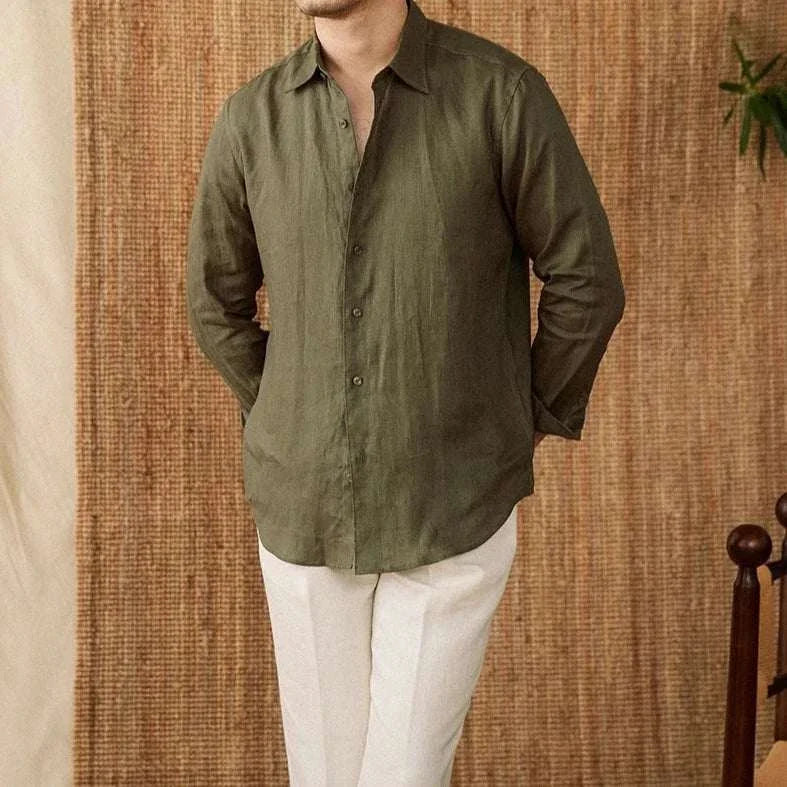 Men's relaxed fit long sleeve linen shirt, casual and elegant style.