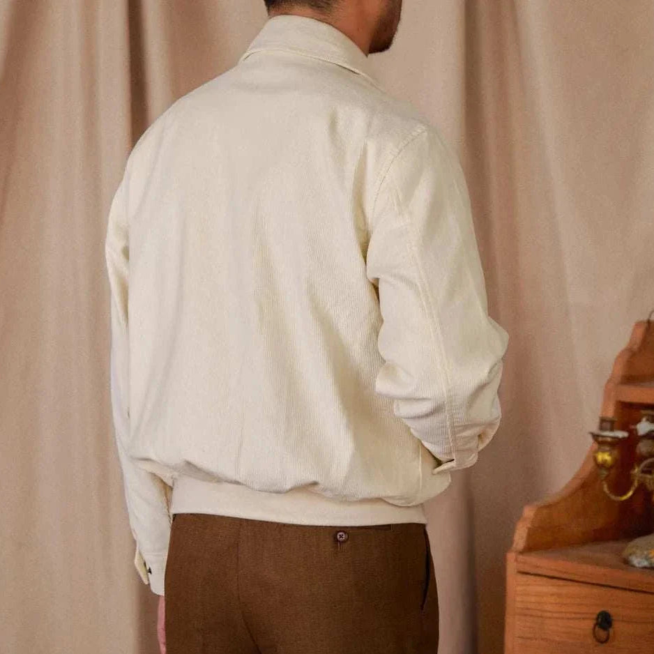 Pure cotton bomber jacket rear view, men's soft and breathable casual wear.