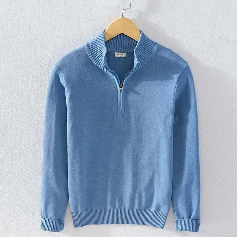 Autumn half zipper cotton sweater for men in light blue.