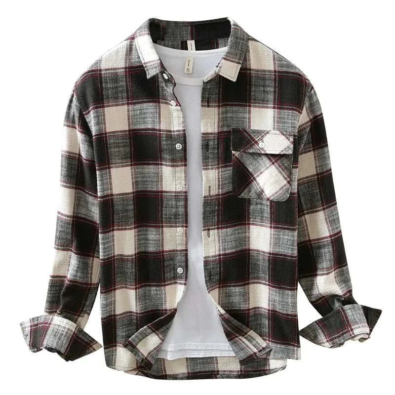 Korean plaid long-sleeve shirt, cotton, casual style for men, spring/summer.