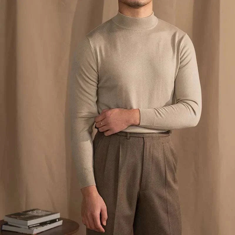 Men's slim fit half-turtleneck sweater in wool, beige color, cozy and stylish.