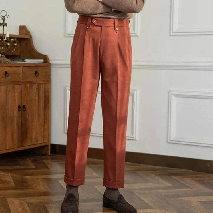 Straight high-waist casual trousers for men, solid pattern, polyester material.