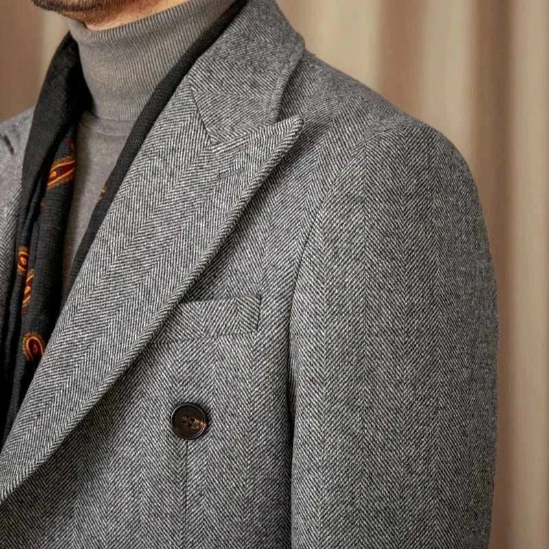 Men's winter double-breasted wool coat, grey, stylish and warm.