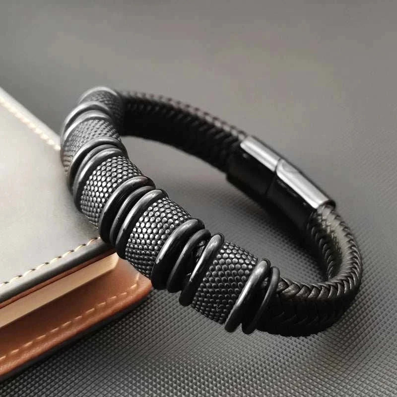 Stainless steel leather bracelet with black PU design.