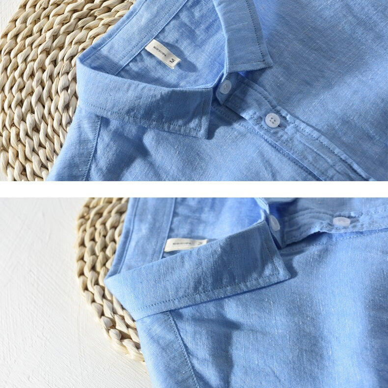 details of blue long sleeve casual shirt made of cotton and linen for men