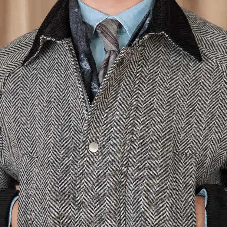 Wool heavy vintage coat for men in herringbone pattern.