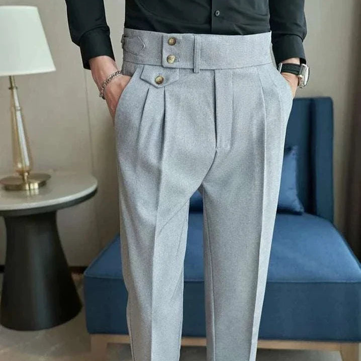Slim fit suit elegant pants in gray, featuring a high waist and button detailing, ideal for a polished, modern look.