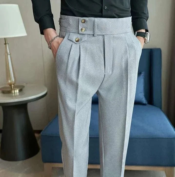 Slim fit suit elegant pants in gray, featuring a high waist and button detailing, ideal for a polished, modern look.