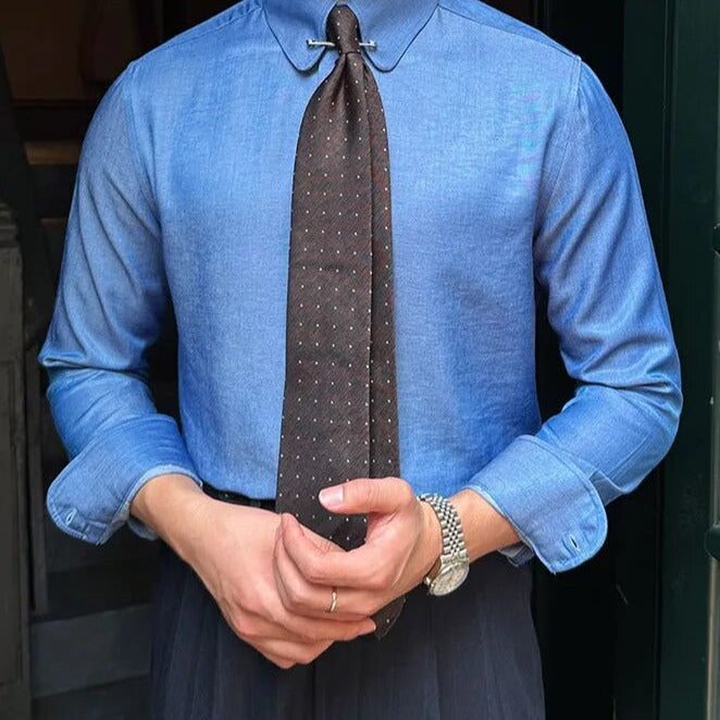 Antonios Blue Shirt in smart casual style with long sleeves and solid pattern.