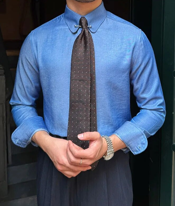 Antonios Blue Shirt in smart casual style with long sleeves and solid pattern.