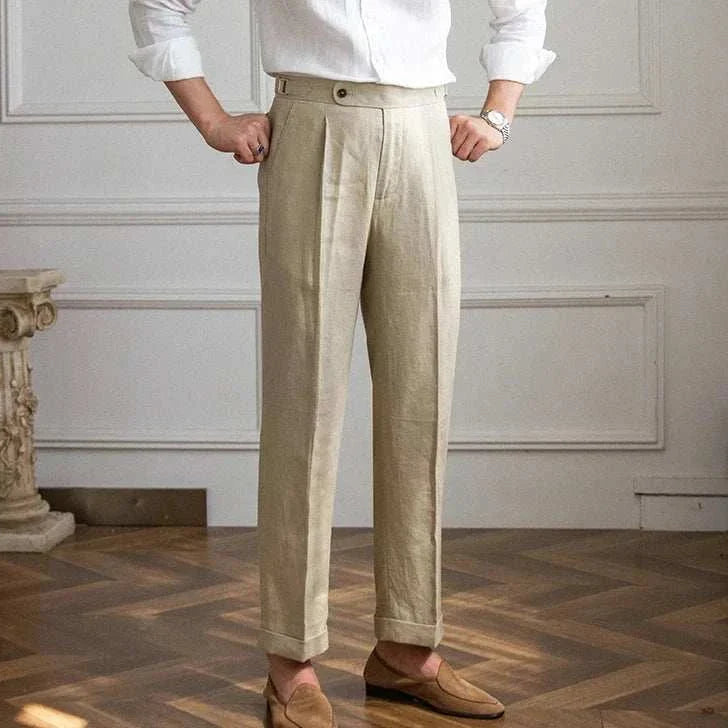 Lightweight Italian high-waist linen trousers for men.