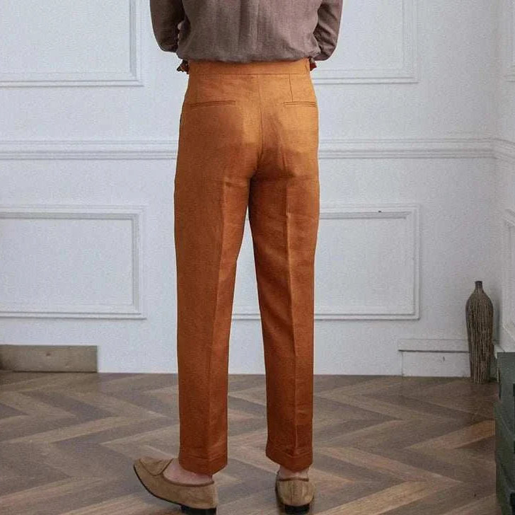 Lightweight Italian high-waist linen trousers for men, casual style.