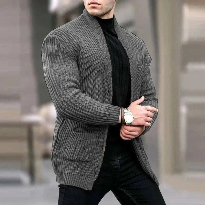 Men's cozy autumn streetwear cardigan in gray wool-polyester blend, perfect for fall.