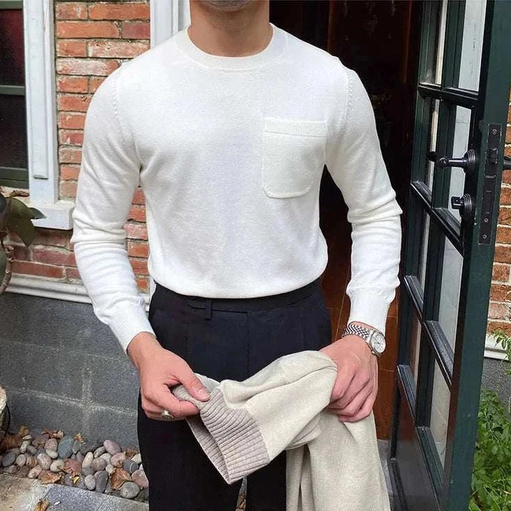 Antonios office premium sweater for men, white color, worn by a model outdoors.