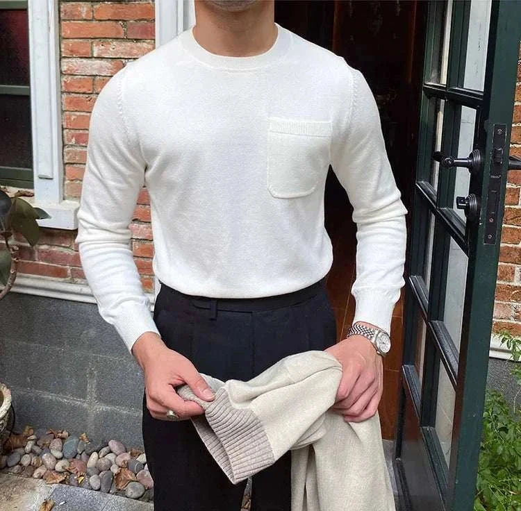 Antonios office premium sweater for men, white color, worn by a model outdoors.