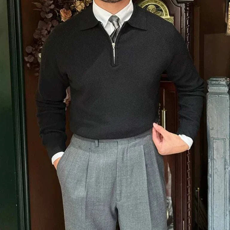 Oxford zipper sweater in black, men’s casual and elegant style.