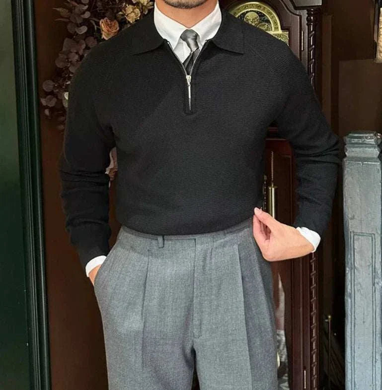 Oxford zipper sweater in black, men’s casual and elegant style.