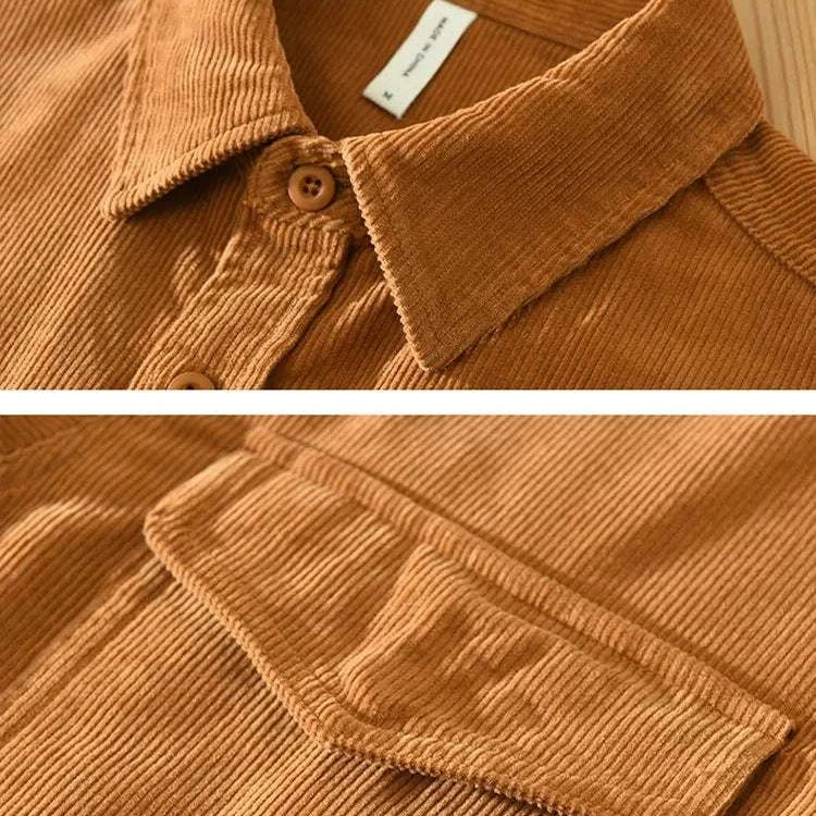 Cotton corduroy spring shirt in brown, stylish and breathable for spring/summer.
