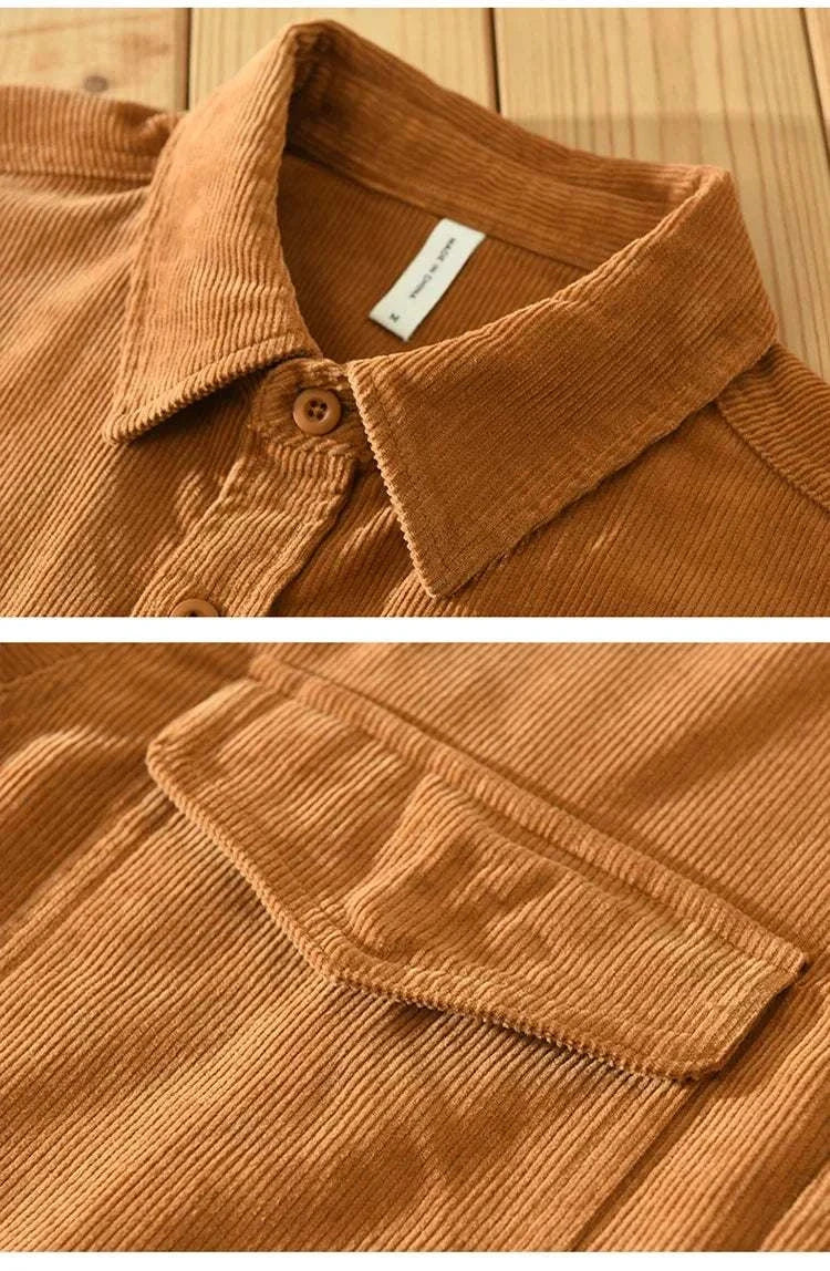 Cotton corduroy spring shirt in brown, stylish and breathable for spring/summer.