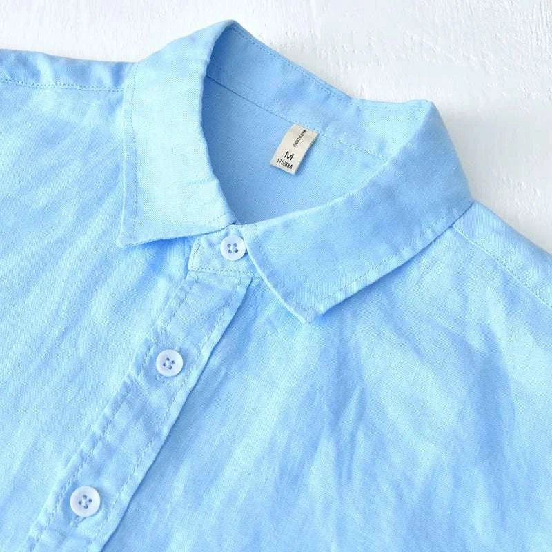 Italian pure linen long-sleeve shirt in light blue color, perfect for spring and summer.