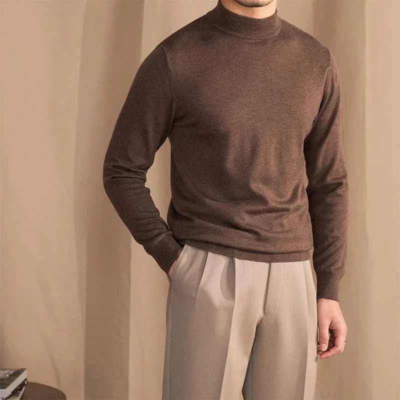 Men's brown wool slim fit half-turtleneck sweater for versatile styling.