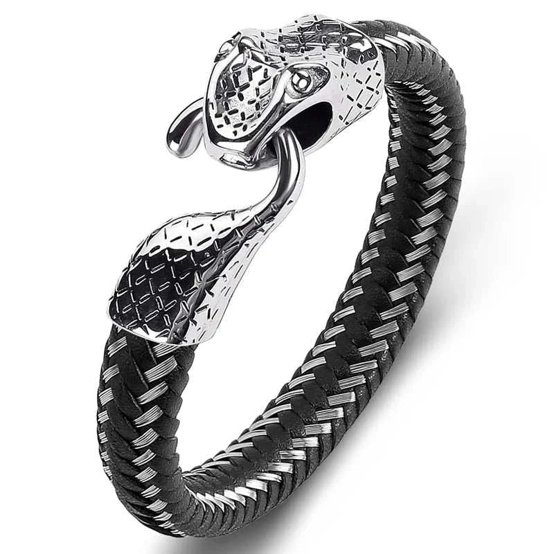 Snake leather bracelet with stainless steel clasp, stylish and durable accessory.