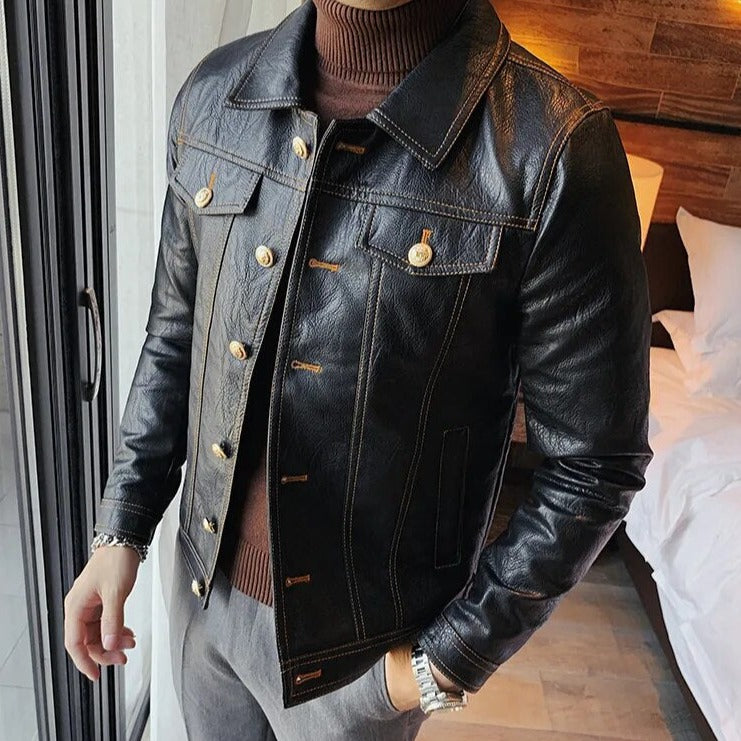 Men's ECO leather jacket in black, elegant and casual style, made from eco-friendly leather for all seasons.