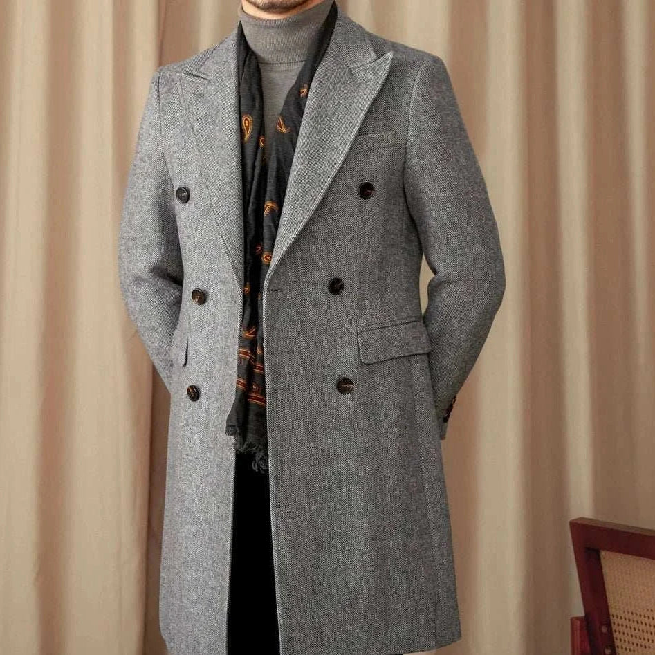Men's winter double-breasted wool coat, grey, cozy and stylish.