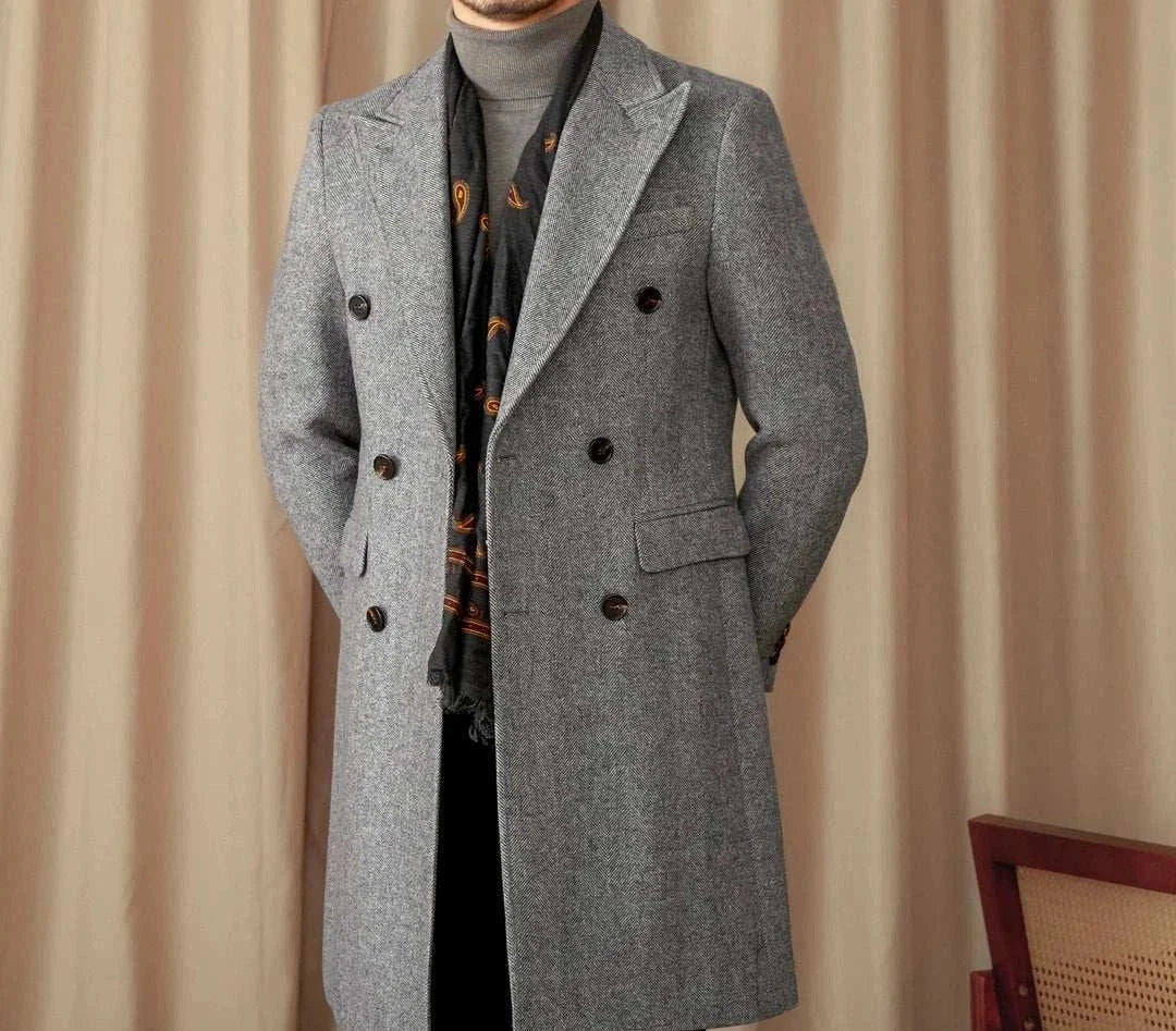 Men's winter double-breasted wool coat, grey, cozy and stylish.