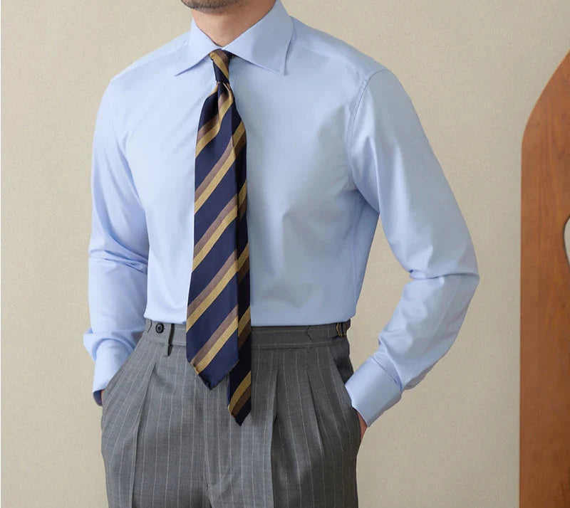 Italian style old money shirt for men, featuring a classic design with a striped tie.