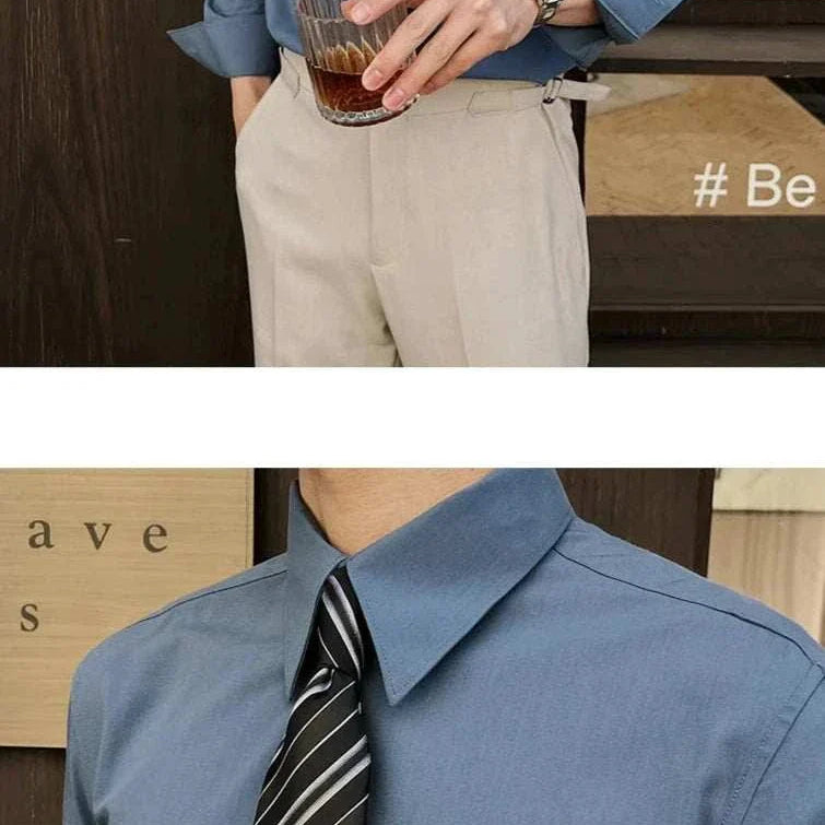 British formal slim-fit shirt for men in blue, perfect for all-season wear.