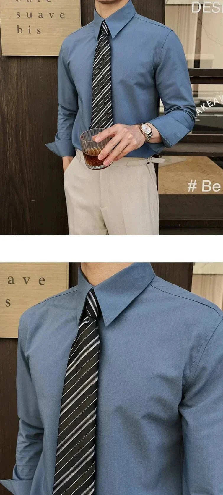 British formal slim-fit shirt for men in blue, perfect for all-season wear.