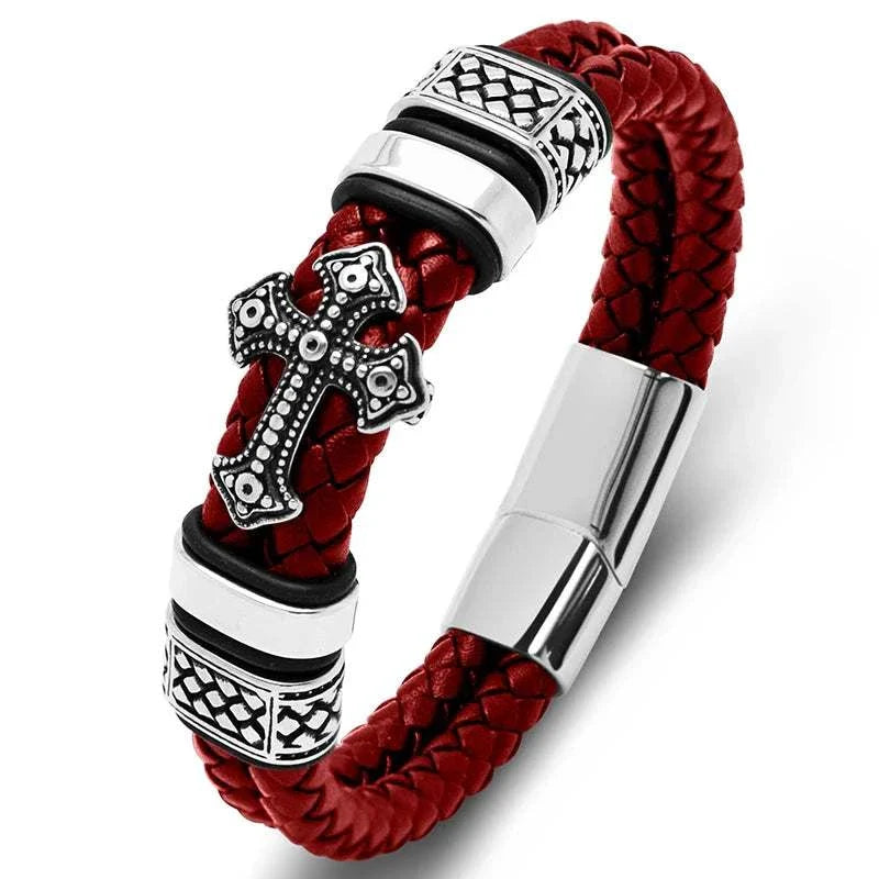 Stainless steel cross magnet bracelet with red braided band.