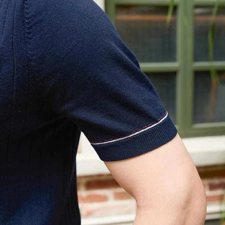 Old money polo English t-shirt in navy blue showing sleeve detail, perfect for spring and summer.