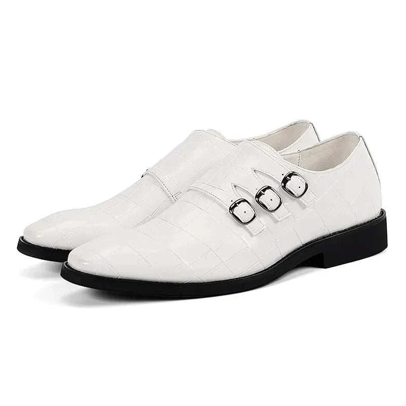 White Oxford triple strip-on shoes for men with detailed perforations and cushioned insole.