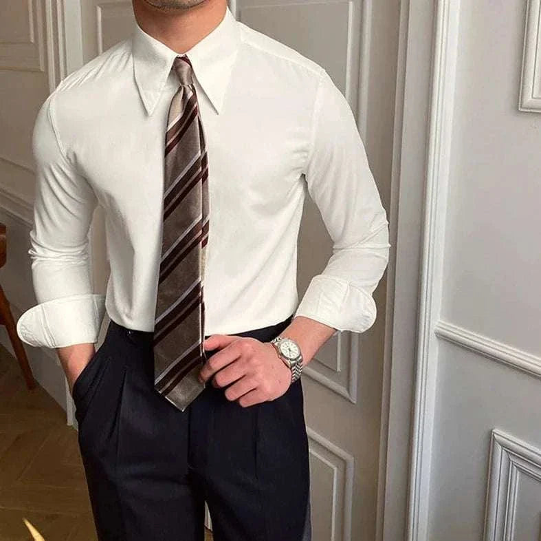 Men's business collar long sleeve shirt, stylish and comfortable for spring and summer office wear.
