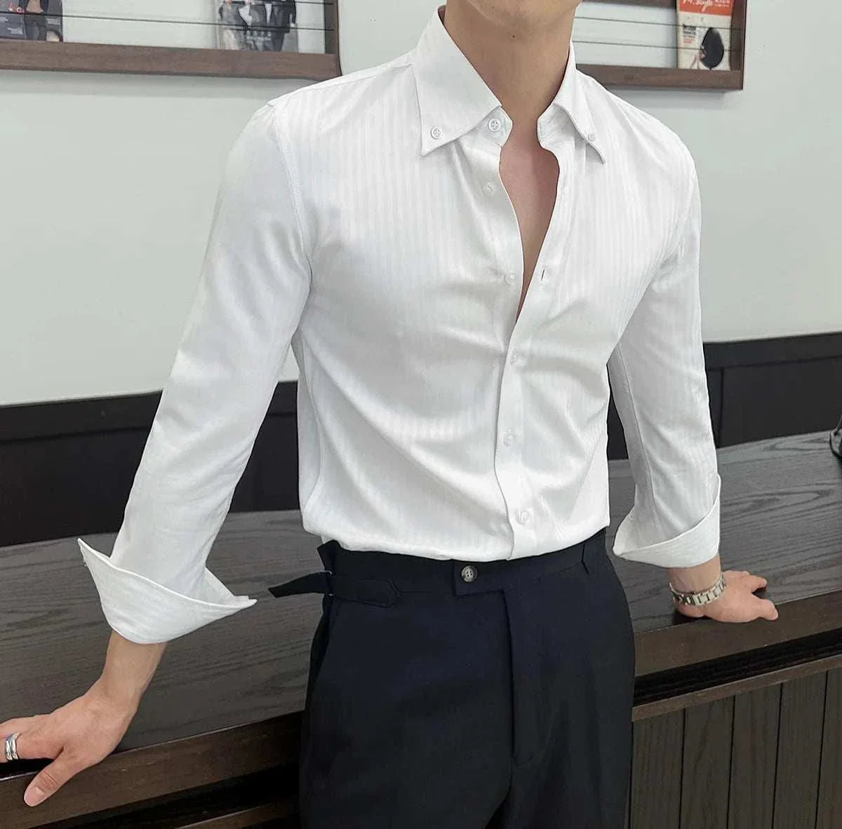 Business casual slim fit shirt for men in a solid white pattern, ideal for spring and summer occasions.