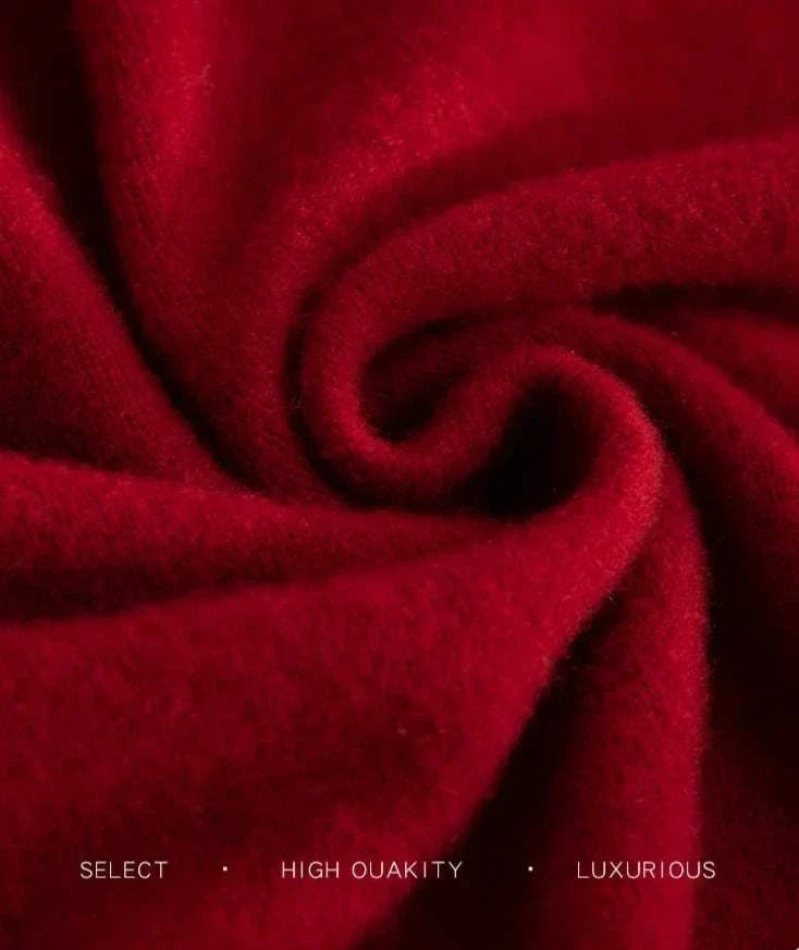 Luxurious red wool fabric close-up showcasing business wool turtleneck sweater quality.