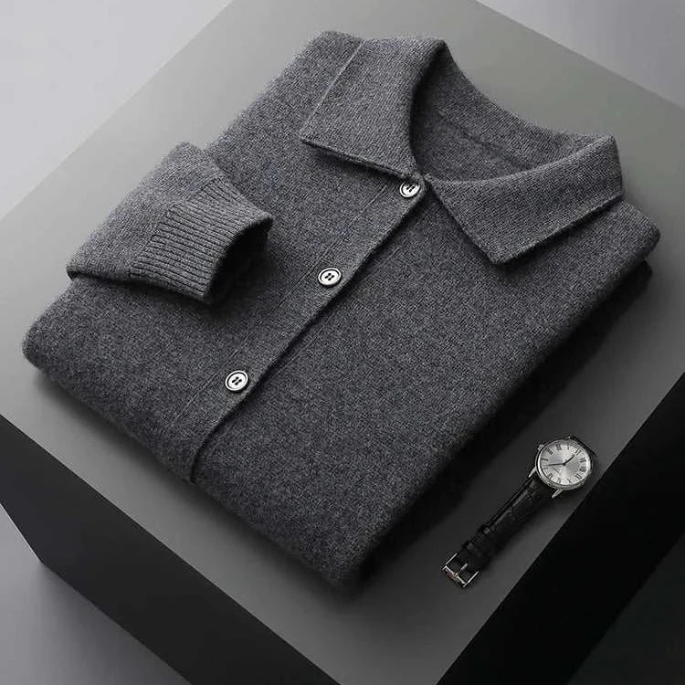 Antonios wool polo collar cardigan folded neatly on a table.