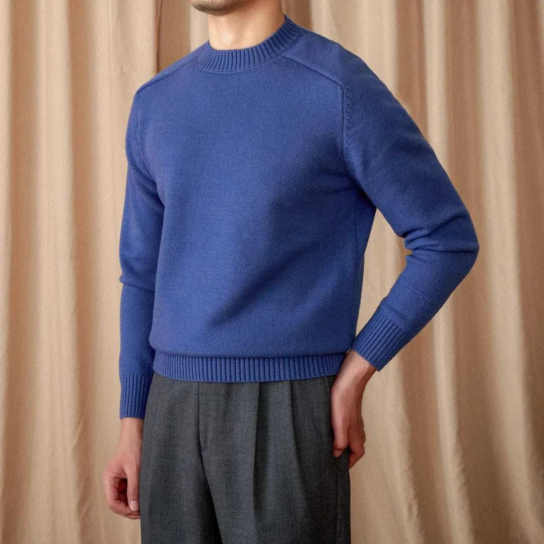 Blue Japanese casual winter sweater for men, cozy wool-cotton blend.