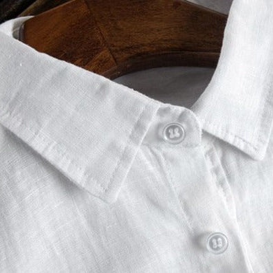 Close-up of Antonios Long Sleeve Shirt Cotton in white, showcasing its breathable linen-cotton blend and buttoned collar.
