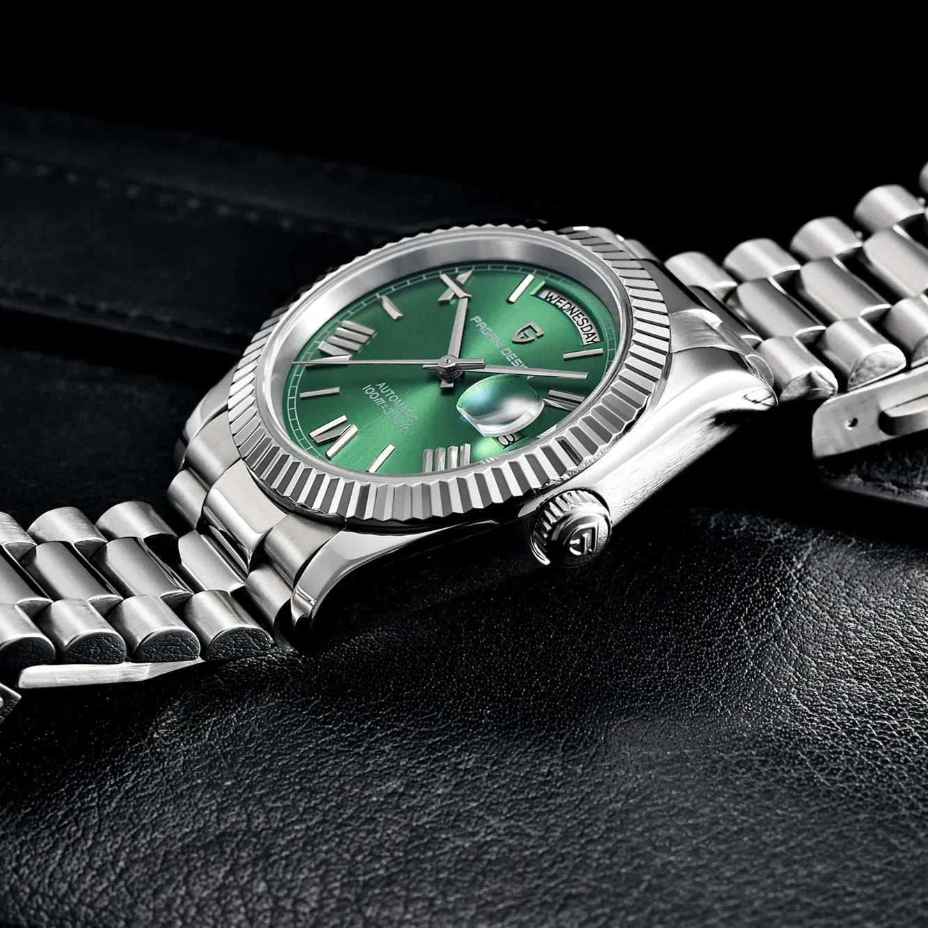 Business stainless steel classic watch with green dial, featuring shock resistance, auto date, and water resistance.