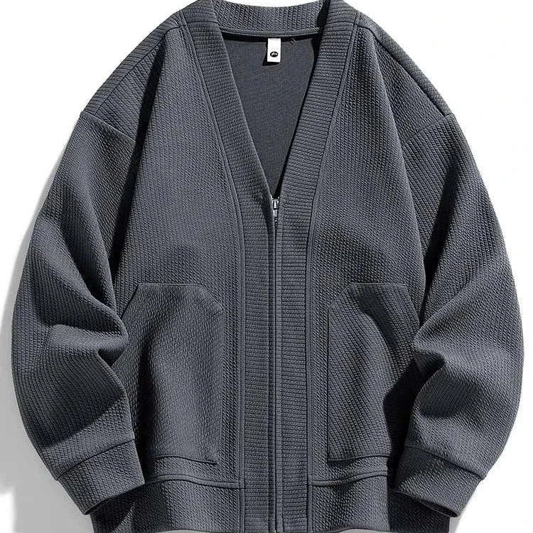 Men's winter cardigan sweater with zipper, polyester-spandex blend for cozy warmth.