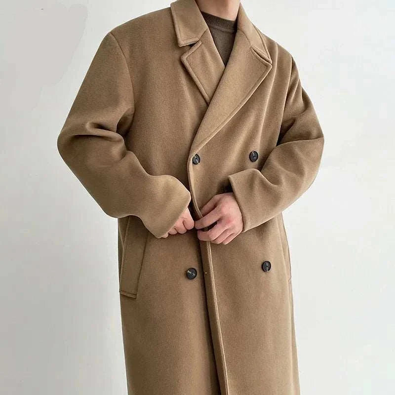 Men's long length Korean coat for autumn and winter, beige color.