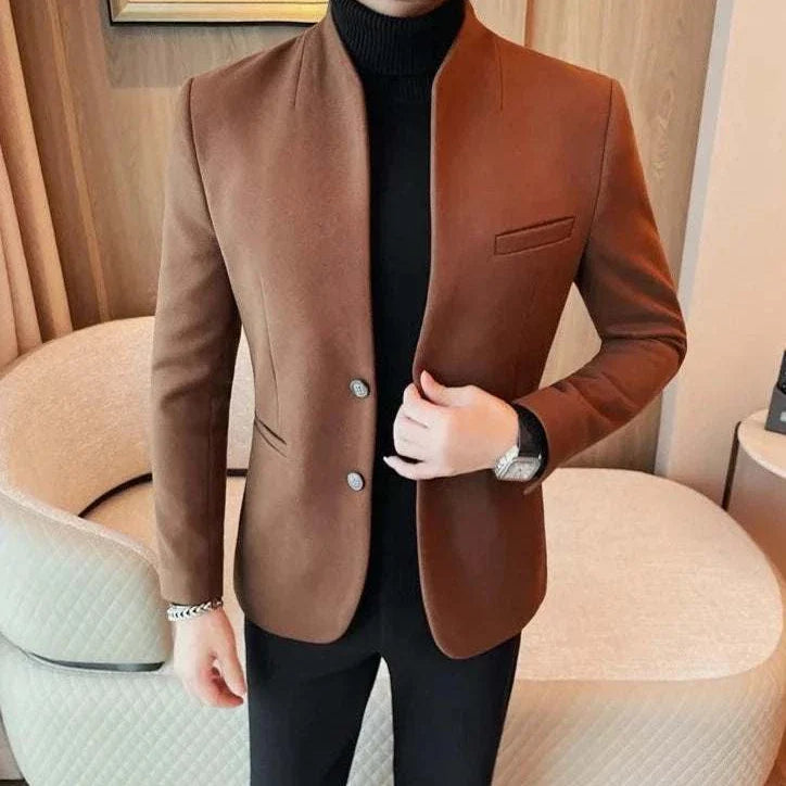 Formal blazer with round collar for modern men, polyester and spandex blend.