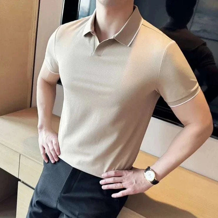 British slim fit summer polo t-shirt in beige, short sleeves.